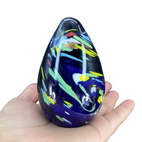 Multicolor Egg Shaped Art Glass Paperweight Figurine Cobalt Blue Dots 4"T 2.25"W - Picture 10 of 12